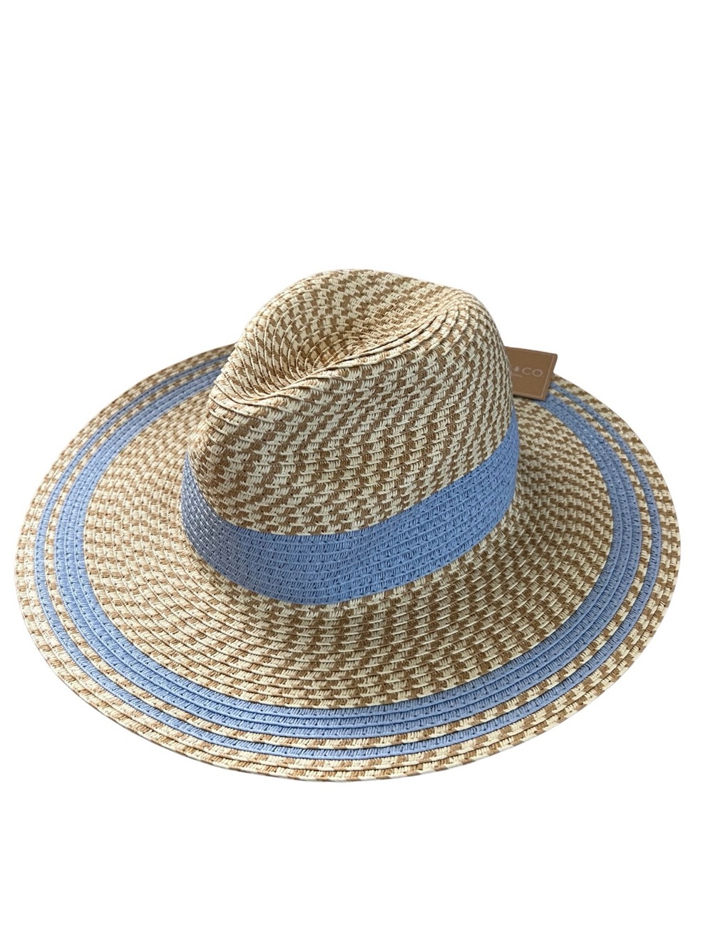 Jen & Co Natural Straw Fedora Sun Hat NWT Blue Band Beach Vacation